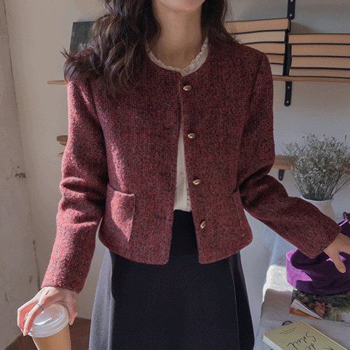 [Wool content] [Thick] Rose gold button borakashi tweed jacket [size: F (55~66)]