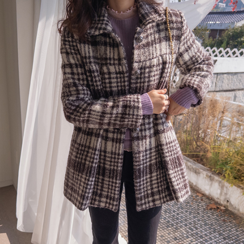 [Best Special Price 22,000 Won Discount] <FONT color=#5a3954>MADE LIN</font> Lunette Lovely Ring Check Wool Coat [size: F (55-66)]
