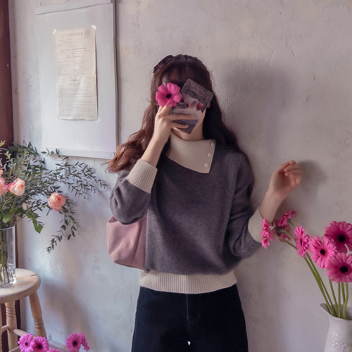 [LABEL] Bersha Neck Button Warm Raccoon Diagonal Polar Knit [size: F(55~66)]