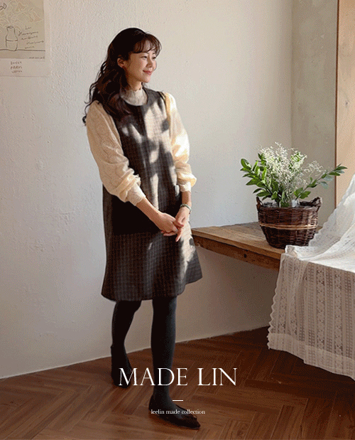 [New Product Special Price 7,000 Won Discount] <FONT color=#5a3954>MADE LIN</font> Olie Wool Check Pocket One Piece [size: F (55~66)]