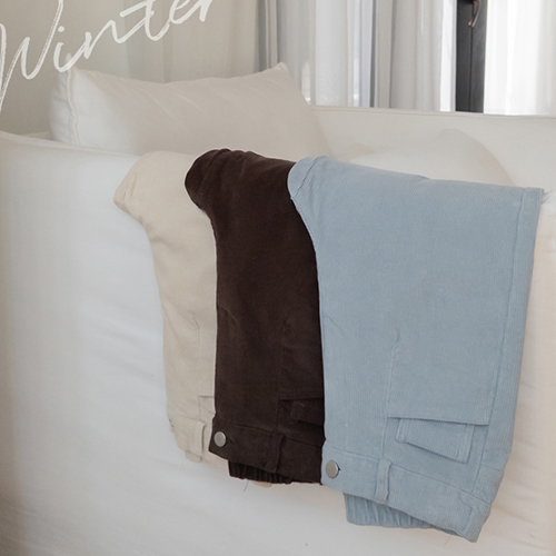 [Short-sleeved] Shuena Soft Corduroy Back Banding Wide Straight Pants [size: F, L]