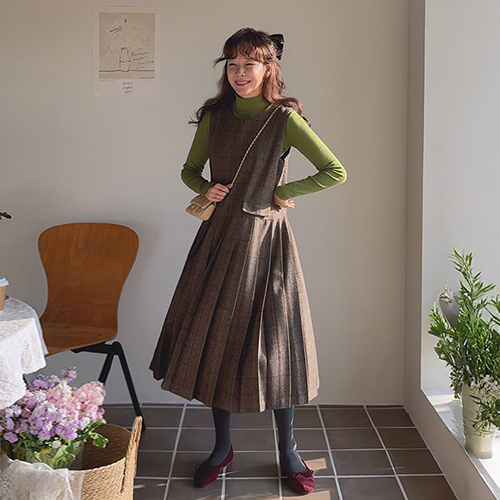 Merdin Gentle Check Feminine Mood Pleats One Piece [size: F(55~66)]