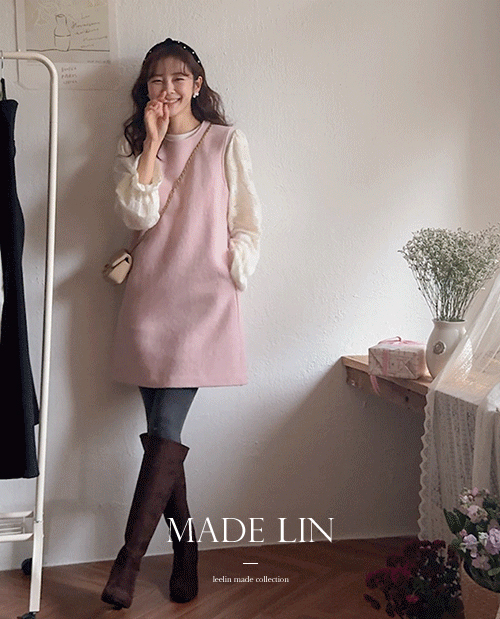 [New Product Special Price 9,000 Won Discount] <FONT color=#5a3954>MADE LIN</font> Ript Wool Alpaca Wide Back Button One Piece [size: F (55~66)]