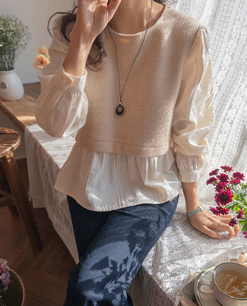 [Upper Body Cover] Amy Aline Freel Tweed Shirring Blouse [size: F(55~66)]