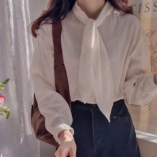 Anne Brunch Tie Delicate Striped Napping Blouse [size: F(55~66)]