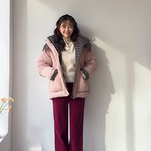 [Goose down100%][LABEL] LeMoen lovely check color scheme Padding Jumper[size:F(55~66)]