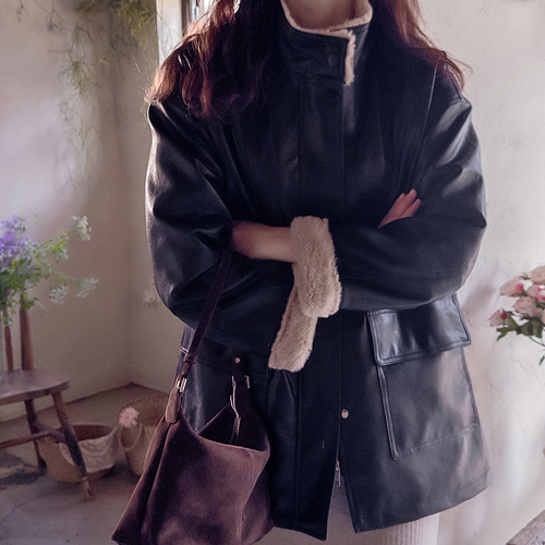 Labeque Lining Full Warm Bodle Fur Winter Leather Jacket [size: F(55~66)]