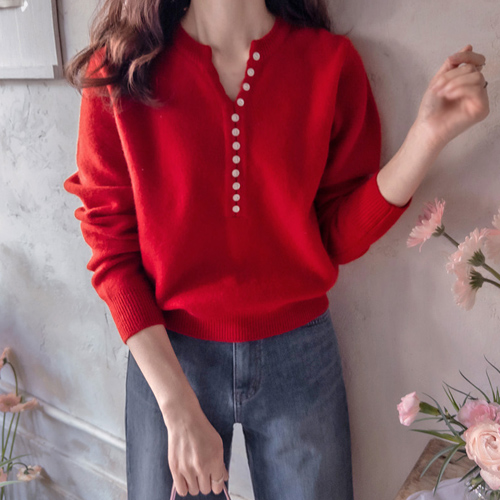 [100% Fine Wool][LABEL] V-Wave Cutting and Button Soft Fine Wool Knit [size: F(55~66)]