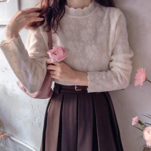 [LABEL] Lovely wave neck half-polar knit with humming flower pattern [size: F(55~77)]