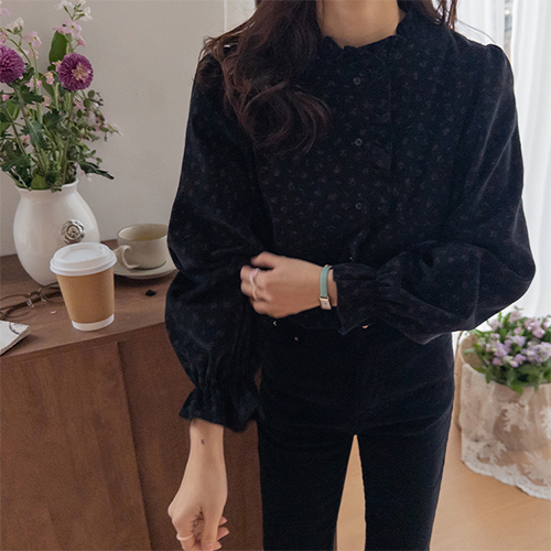 [LABEL] Ellis Neck Frill Puff Delicate Flower Pattern Corduroy Blouse [size: F(55~66)]