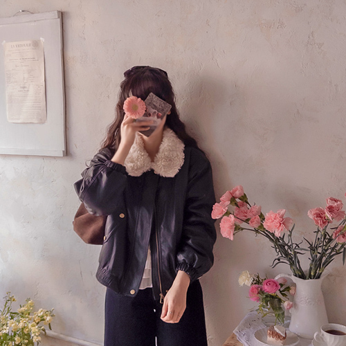[LABEL] Kellers lining, warm and soft fur, cute collar leather jacket [size: F (55~66)]