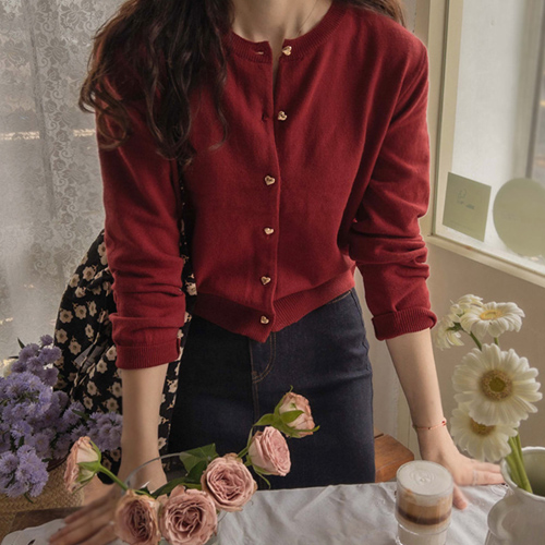 [LABEL] Clavis Heart Button Fine Wool Cardigan <FONT color=#d8a4a4>[Scratch Sale]</font>