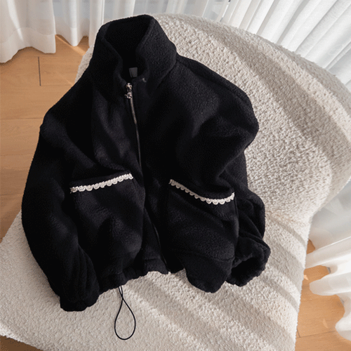 [Soft Touch] Dina & Pocket Lace Hem String Flower Zipper Point Fleece Jumper [size: F (55-66)]