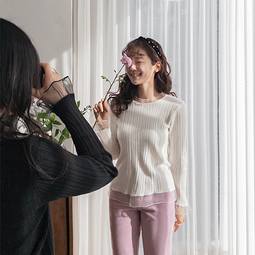 [Jjotjon Span] Muena Vertical Lace Frill Knit T-shirt [size: F (55~66)]