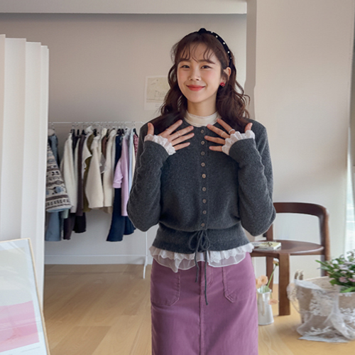 [Charcoal Color][Wool Blend] Riley Sleeve Hem Frill Point Waistband Cardigan [size: F(55~66)]