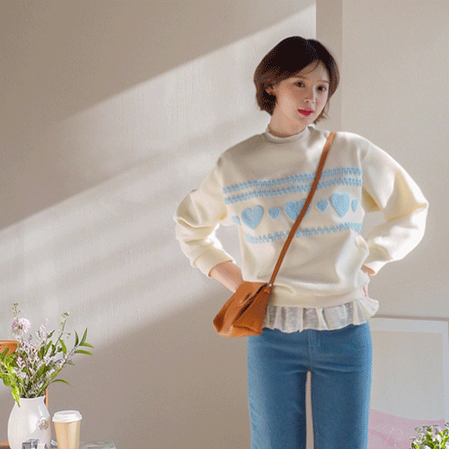 [LABEL] Ruel Knitted Heart Embroidery Napping Man to Man T-shirt [size: F (55-66)]