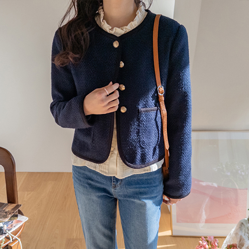 [Best Special Price 20,000 Won Discount] <FONT color=#5a3954>MADE LIN</font> [Navy Color] Gemma Color Block Tweed Gold Button Edge Fit Jacket [size: F (55~66)]