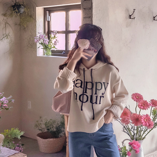 Happy Hour Lettering Loose Fit Spring Color Knit Hood [size: F(55~77)]