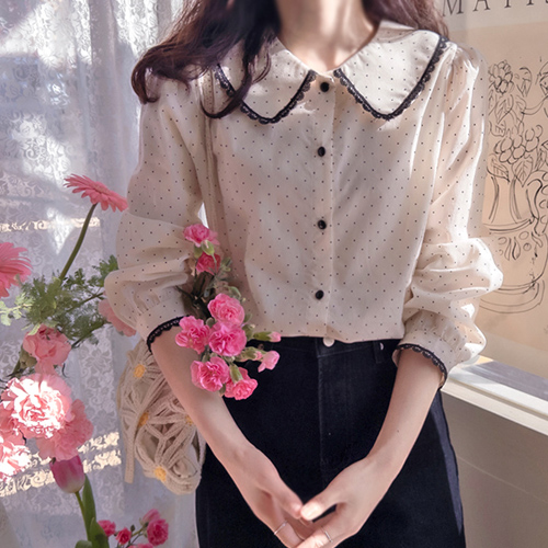 [New Arrival Special Price 7,000 Won Discount] <FONT color=#5a3954>MADE LIN</font> Modenti Dot Color Block Lace Blouse [size: F (55-66)]