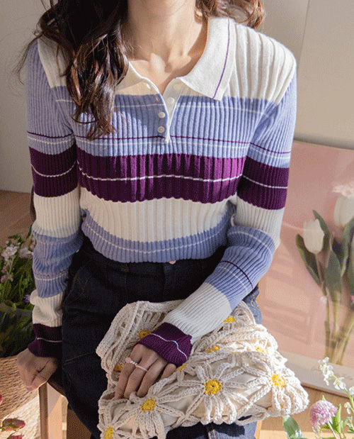 [LABEL] Morena Jjotjon Span Vertical Rib Single-breasted Color Block Collar Knit [size: F(55~66)]