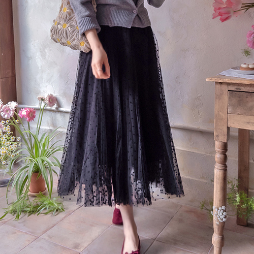 Like Bean Spring Dot Mapsi Line Band Mesh Skirt [size: F (55~66)]