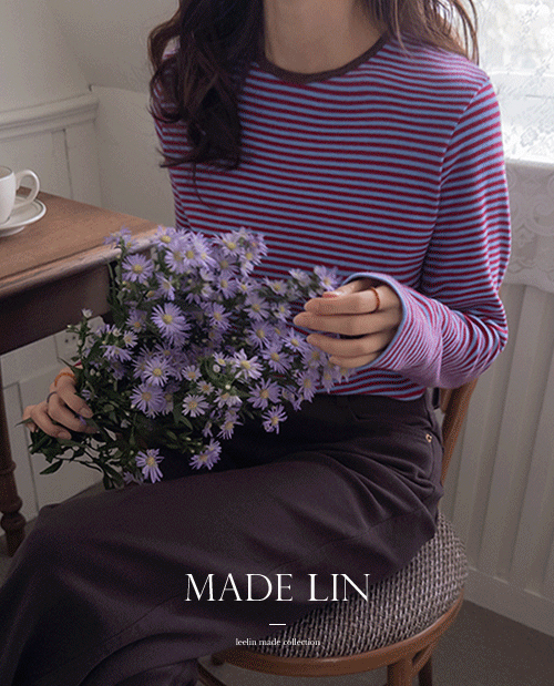 [Peach Fleece] <FONT color=#5a3954>MADE LIN</font> Lovely Terry Color Block Peach Fleece Striped Tee <FONT color=#d8a4a4>[Scratch Sale]</font>