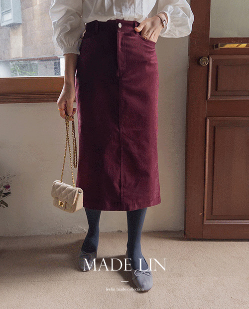 <FONT color=#5a3954>MADE LIN</font> Lael Corduroy Comfortable H-Line Skirt <FONT color=#d8a4a4>[Scratch Sale]</font>