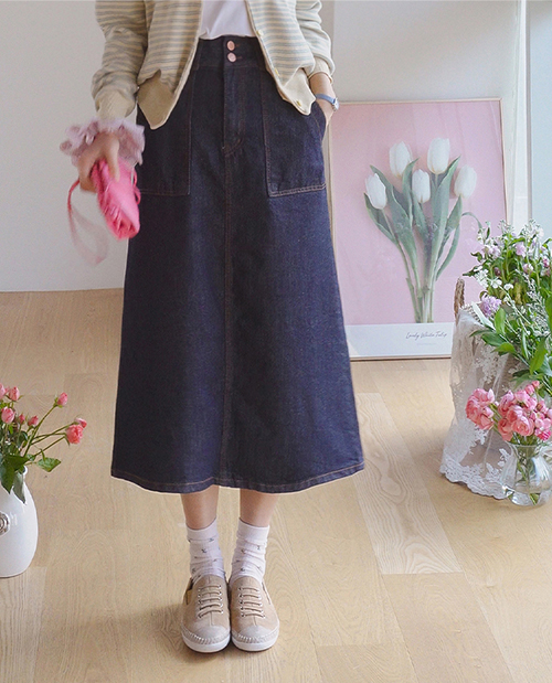 [No worries about transferring color] Ricotta Aline back banding non-fade denim two button rong skirt [size: S, M, L, XL]