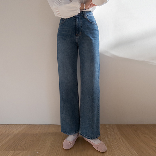 Durena Hidden Banding Wide Straight Washed Denim Pants [size: S, M, L]