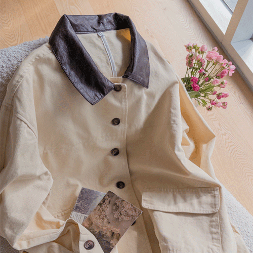 [100% Cotton] Mudina Leather Color Block Collar Cotton Jacket [size: F (55-66)]