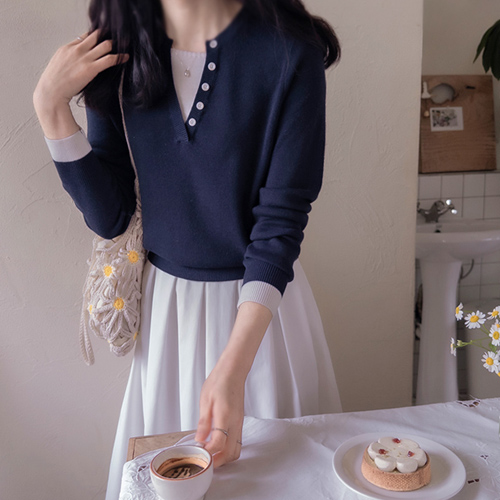 Keycent Love Button Layered Soft Refit Knit [size: F(55~66)]