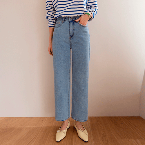 [100% Solid Cotton] Annie's Semi Straight Back Banding Denim Pants [size: S, M, L, XL]