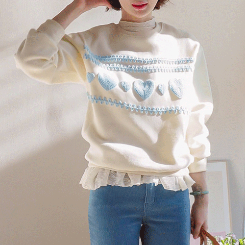 [LABEL] Ruel Knitted Heart Embroidery Napping Man to Man T-shirt [size: F (55-66)]