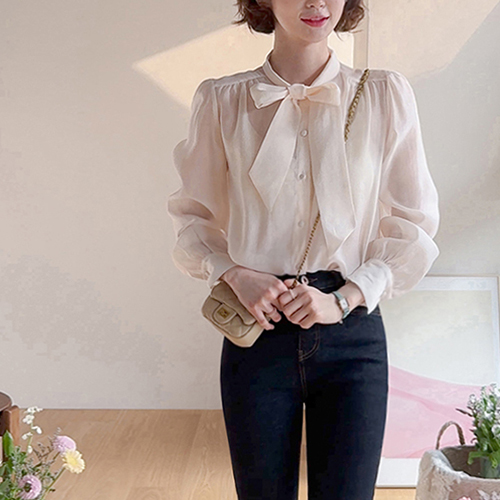 [LABEL] Rudina Ribbon Tie Shoulder Pin Tuck Back Shirring Blouse [size: F(55~66)]