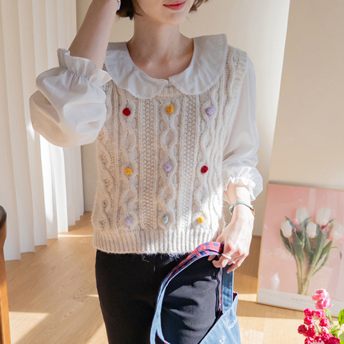 Loella Pom Pom Point Twiddle Knit Vest [size: F(55~66)]