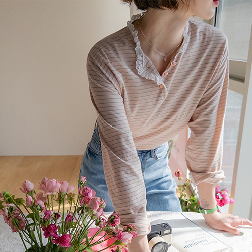 [LABEL] Raymi Neck Race Gentle Stripe T-shirt [size: F(55~66)]