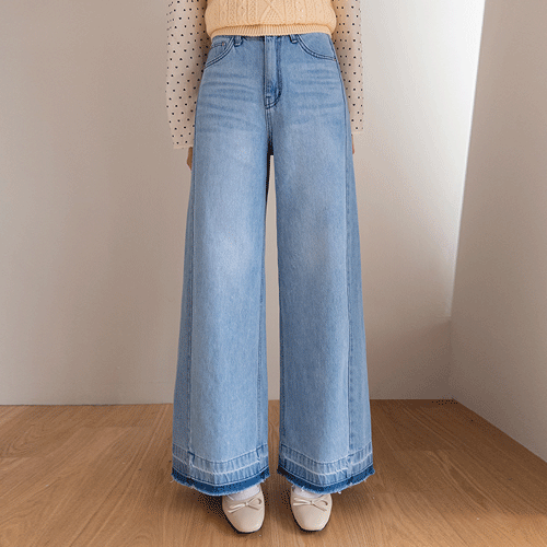 Chic Mood Teens Back Pocket Color Block Hem Point Wide Denim Pants [size: S, M, L]