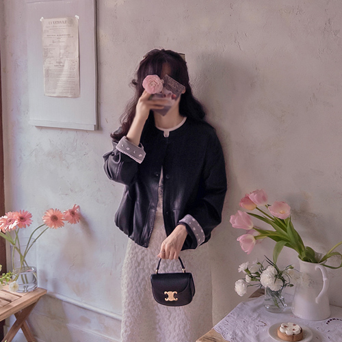 [Pre-order 7,000 won discount] Shukondi Race Neck Ribbon Soft Flexible Leather Jacket [size: F (55-66)] [Scheduled to ship after March 10]