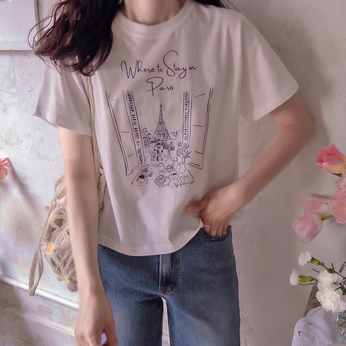 Paris Eiffel printing coordinated soft silk short T-shirts [size: F (55~66)]