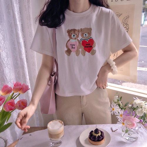 Heart Bear Spring Coordination Soft Silk Short T-shirts [size: F (55~66)]