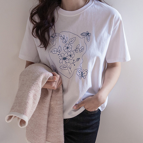 Selly Emotion Blue Flower Drawing Short T-shirts [size: F(55~66)]