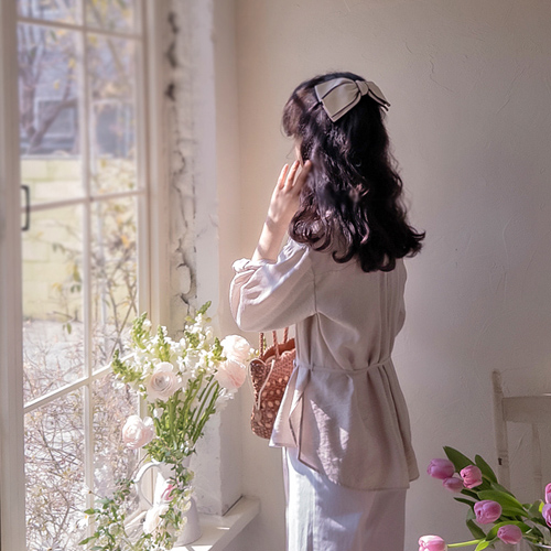 Glance Flowy Delicate Fit Waist Tie Set Sophistication Blouse [size:F(55~66)]