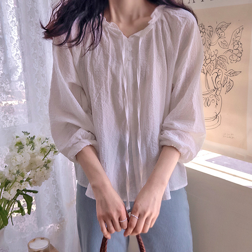 Ann Heidi Neck Shirring Bowknot Springy Delicate Fit Blouse [size:F(55~66)]
