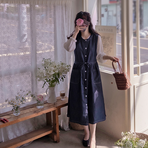 [New Arrival Special 6,000 KRW Discount] <FONT color=#5a3954>MADE LIN</font> Christine & Burton Elegant Fit Daily Denim Dress [size: F (55~66)]