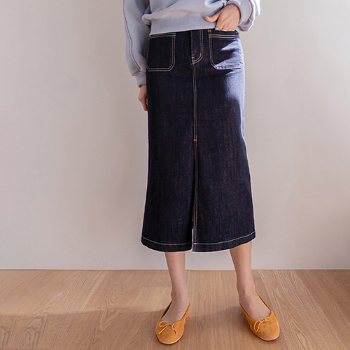 [No Color Bleeding] Scent Non-Fade Front Slit Denim Skirt [size:S,M,L,XL]