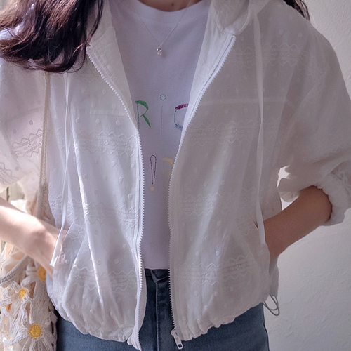 Spring Shirring Hoodie Dot Embroidery Lovely Lightweight Zip-Up Jumper [size:F(55~66)]