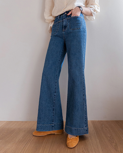 [Hidden Waistband/Flatness Coverage] Popoline Stretch Spandex Front Pocket Dart Wide Denim Pants [size:S,M,L]