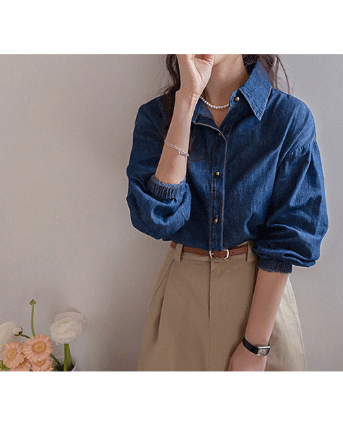 DearU Button Shirred Puff Soft & Flexible Denim Shirt [size:F(55~66.5)]