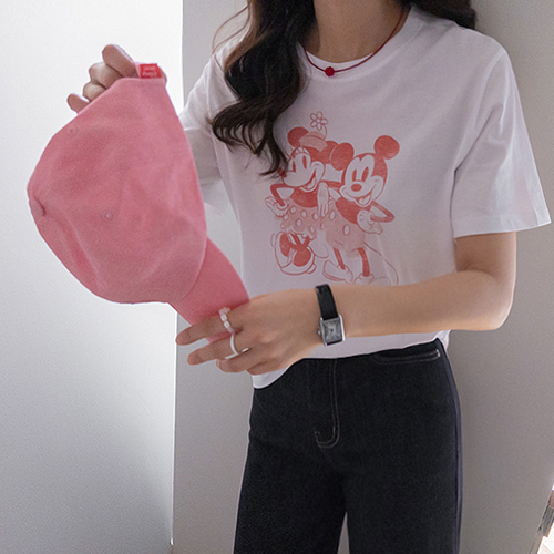 [Authentic Disney] [100% Cotton] Mickey & Minnie Couple Print Relaxed Basic Fit T-shirt [size:F(55~66)]