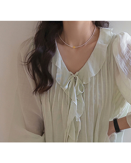 [No See-Through] Robelli Flowy Ruffle Pintuck Ribbon Tie Blouse [size:F(55~66)]
